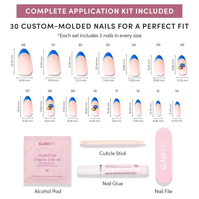 Glamnetic x Fanatics Press On Nails - Kansas Jayhawks | Short Almond Fake Nails, Collegiate Jayhawks Blue French Tips, College Nails, Salon-Quality | 15 Sizes - 30 Nail Kit with Glue