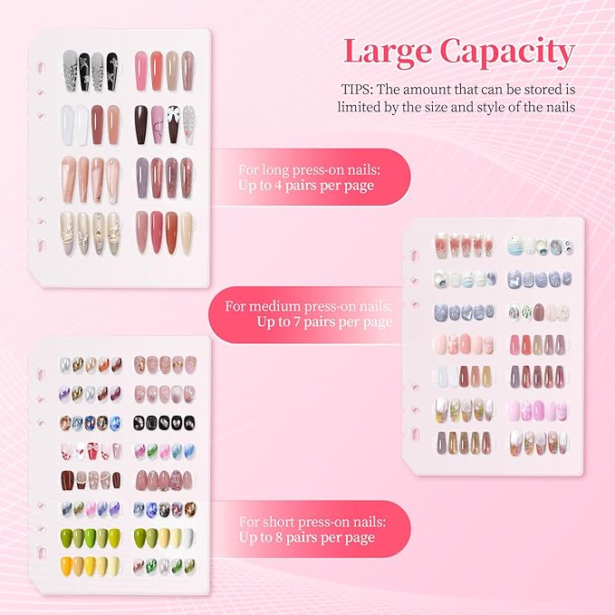 Press On Nail Storage Organizer Binder with 8 Insert Pages - A5 Size & Double Sized Tape, Press on Nails Display Storage Book, Reusable Fake Nail Swatch Collecting Book (White)
