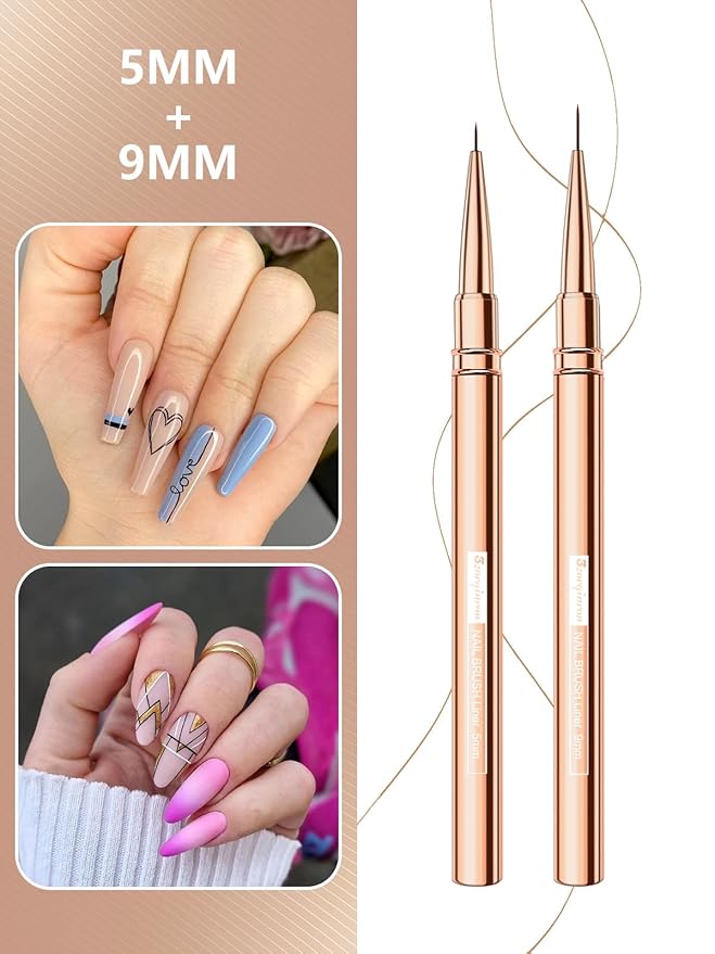 Nail Liner Brush, Fine Line Nail art Brushes 5/9/15/20/25mm Thin Line Nail Brushes Detail Drawing, Liner Brush for Nails Gel (Rose Gold)