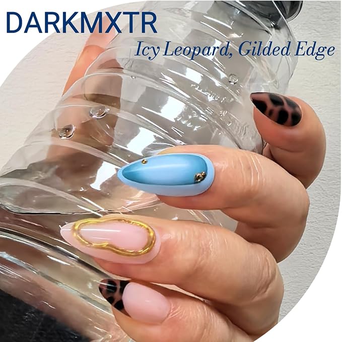 Press-On Nails Set - Almond Shape, Pink Blue Leopard Design with Gold Accents, Reusable Adhesive Nails for Women
