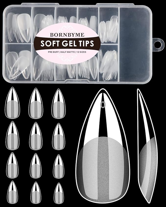 Soft Gel Nail Tips Medium Stiletto, 120PCS Pre Buff Full Cover Shaped Nail Extenison Tips Half Matte Gel Nail Tips BORNBYME