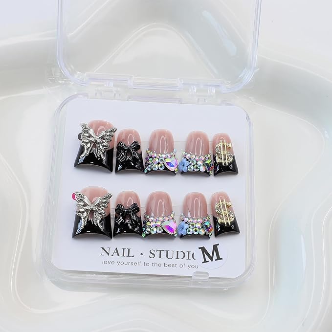 10Pcs Handmade French Tip Press on nails Short Duck Fake Nails with 3D Butterfly Bow Rhinestone Design Duck False Nails Multi-Layer Acrylic Nails Press ons Holiday Glue on Nail for Women (S)