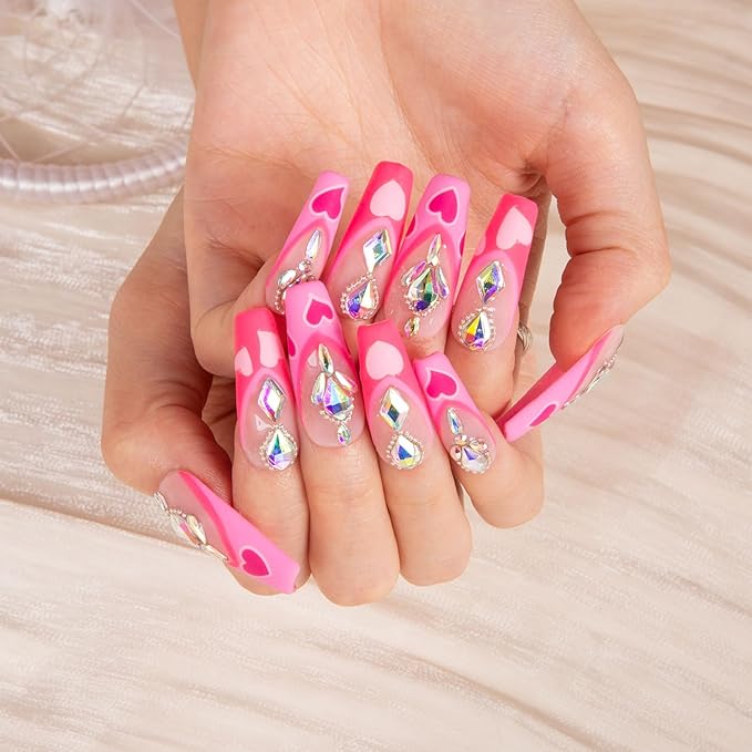 LOVFUL Press on Nails The Floating Romance French Tip | Handmade with Full Covered Crystals | Reusable Full Cover Nails | Coffin Classic Regular 1.3 in | H160-S