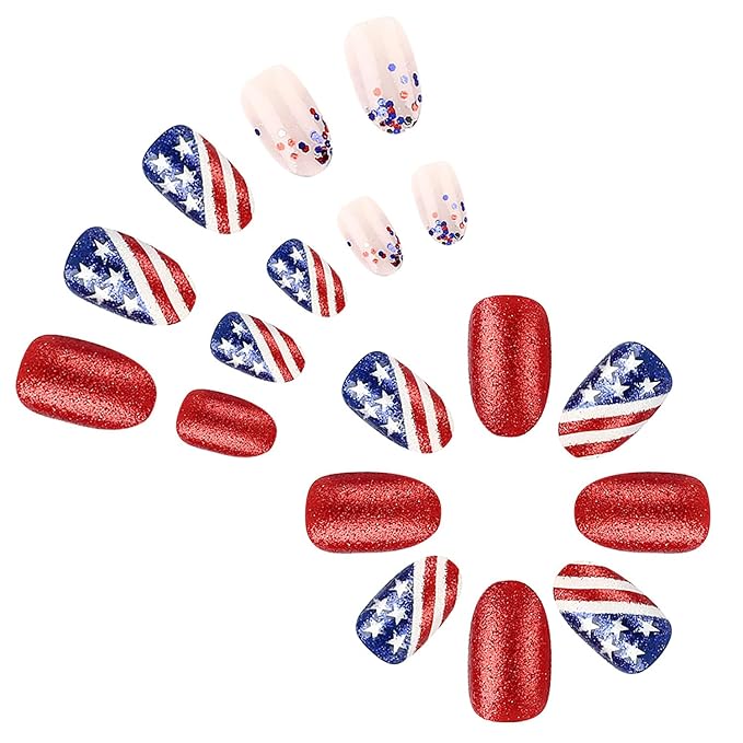4th of July Press on Nails Short Almond Fake Nails America Flag Blue Red Glitter False Nails with Designs Full Cover Tricolor Flag Glossy Glue on Nails Acrylic Artificial Nails for Women Girls 24Pcs
