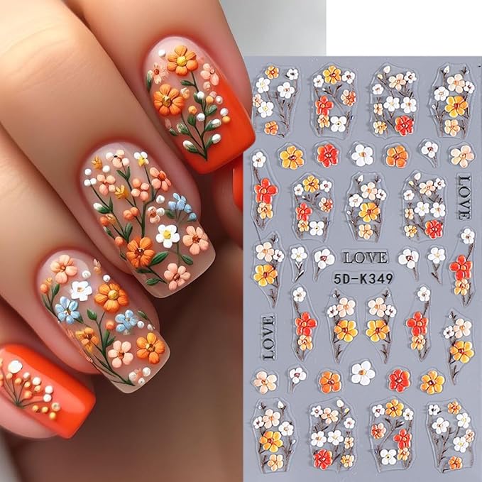 2 Sheets Spring Flower Nail Stickers Summer Embossed Flowers Nail Art Stickers Colorful Floral Leaf Nail Decals 5D Self-Adhesive Leaves Nails Supplies for Women Girls DIY Nail Accessories