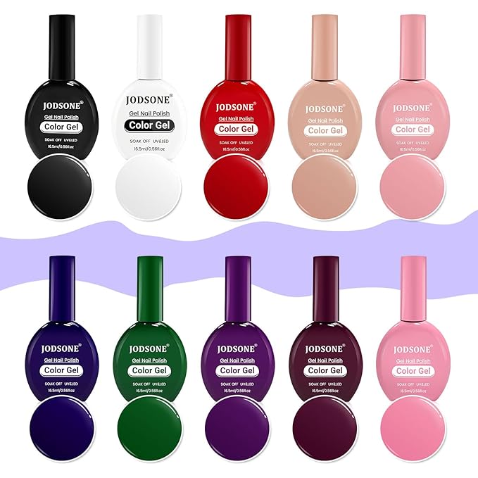 JODSONE 12 PCS 16.5 ml Gel Nail Polish Same Color Same Bottle with Base Coat and Top Coat, 10 Colors for At-Home Salon Nail Art, Holiday Gifts