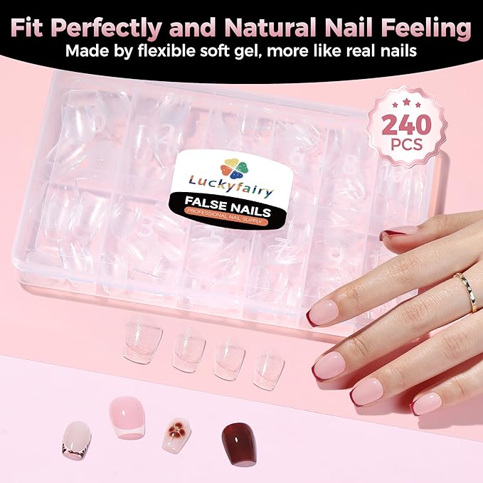 Luckyfariy Extra Short Coffin Nail Tips, 240Pcs Pre-shaped Half Matted Full Cover Ballerina Fake Nails Press on Extension, Soft Gel Clear Tips Home DIY Mani 12 Sizes
