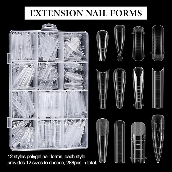 288Pcs Polygel Nail Form Kit 12 Style 12 Sizes Reusable Nail Extension Mold Dual Forms with 6Pcs Nail Clips, Nail Slip Solution, Brush Pen, Nail File & Cuticle Pusher for Beginners