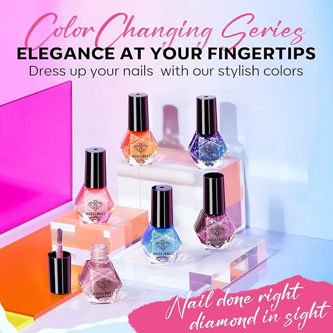 modelones Color Changing Nail Polish Set, 6 Colors Pink Blue Purple Orange Neon Mood Temperature Change Ombre Quick Dry Mini Manicure Kit DIY Nail Art Salon Gifts For Women Girls