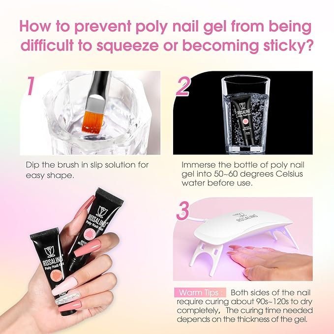 ROSALIND Poly Nail Gel Kit -16 Colors + Nude Glitter Nail Art Accessories kit Clear Nude Poly Nails Gel Kit Starter Kit With Slip Solution Nude Pink Nail Extensions Gel Set with Mini UV Lamp