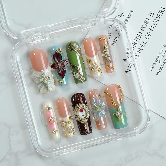 Handmade Press on Nails Long Square Fake Nails Luxury Pearl Rhinestone & 3D Flower Art Designs Salon Quality Acrylic Nails French Tip Gold Rose Steel Ball False Nails Stick on Nail for Women（Size M)