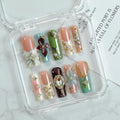 Handmade Press on Nails Long Square Fake Nails Luxury Pearl Rhinestone & 3D Flower Art Designs Salon Quality Acrylic Nails French Tip Gold Rose Steel Ball False Nails Stick on Nail for Women（Size M)