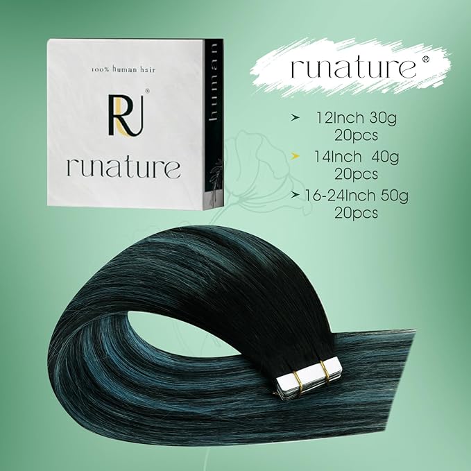 RUNATURE Tape in Human Hair Extensions Ombre Black to Teal 22 Inch Balayage,Straight Blue Hair Extensions Tape in Ombre Black Double Sided 50g 20pcs