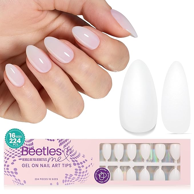 Beetles Press On Nails Short Almond - 4 in 1 Matte Milky White Soft Gel Nail Tips 224PCS Pre-Applied Tip Primer Nails Press ons 16 Sizes Glue on Nails-Perfect for Girls&Women
