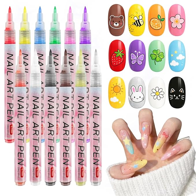 12 Colors 3D Nail Art Pens Set, 0.7mm Fine Tip, Waterproof and Quick-Drying Nail Polish Markers, Nail Painting Kit for DIY Nail Art Design