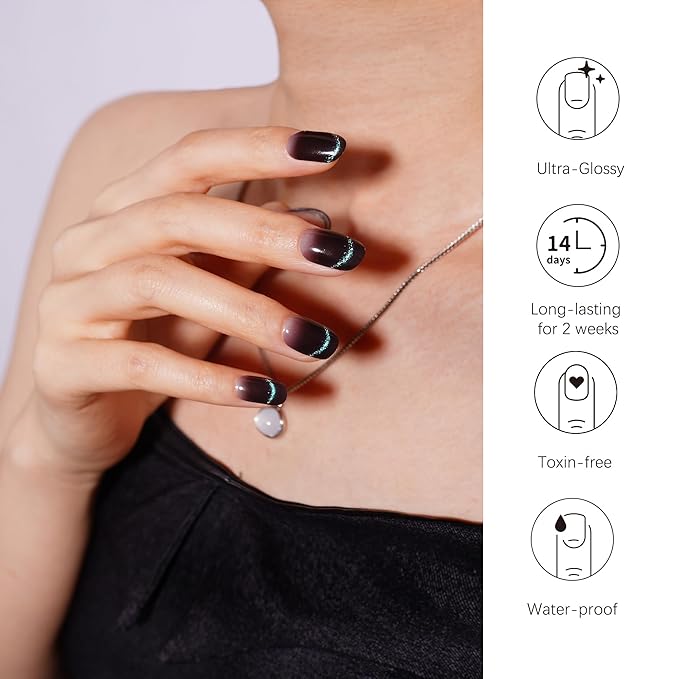 DANNI & TONI Gel Nail Strip Black Cat Eye Semi Cured Nail Stickers (Onyx Glimmer) UV Gel Nail Wraps 28 Stickers