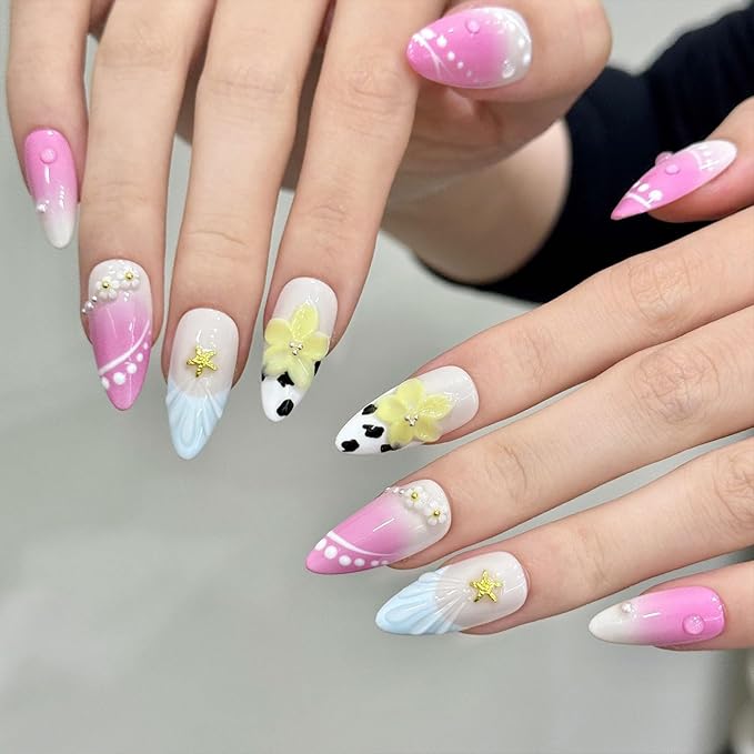 10 Pcs Handmade Press on Nails with Glue,Medium Almond French Nails Thick False Nails with 5D Luxury Flower Art Designs Pink False Nails Muti-Layer Gel Handmade Nail for Women Girls(Size S)