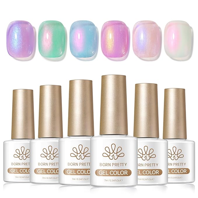 Born Pretty Pearl Gel Nail Polish Set 6 Colors Spring Summer Aurora Iridescent Shimmer Pearl Pink Purple White Mermaid Nail Drawing Gel Polish Shell Aurora Effect Nail Gels DIY Gift