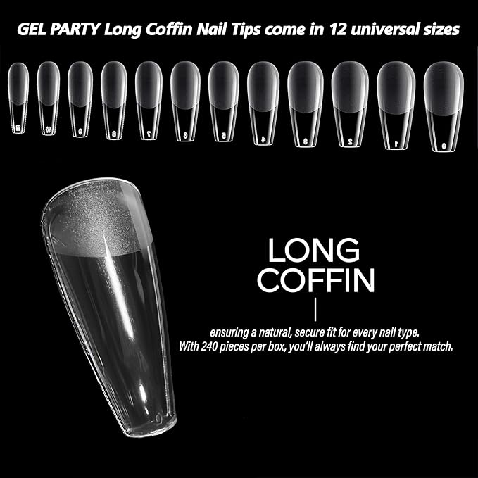 GELPARTY Soft Gel Nail Tips Long Coffin - 240Pcs Pre-Buffed Matte Full Cover Tips - No Filing Needed, Soak Off Gel Extension System - Clear Ballerina False Nails (12 Sizes)