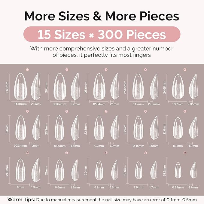 MelodySusie Medium Almond Gel Nail Tips Kit-300PcsPre-Building Apex Fake Nail Tips 20g Solid Nail Glue Gel,Half Matte Full Cover Clear Acrylic Nail,15Sizes Thick Strong Long Lasting for Home DIY&Salon