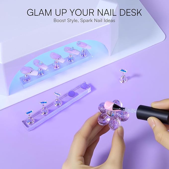 Makartt Nail Stand: Purple Nail Holder for Painting Nails DIY, Magnetic Press on Stand for Art Display Practice, Purple Glitter Flower Fake Holder for Home Salon with Reusable Adhesive Putty