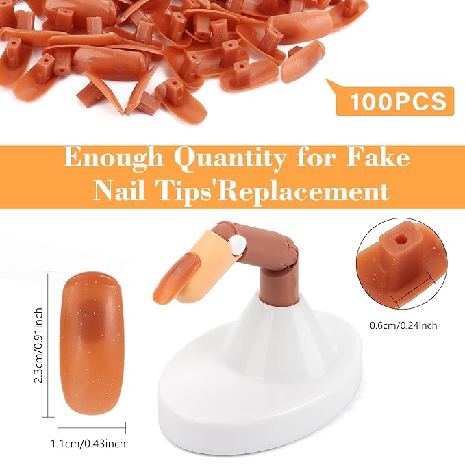 Practice Fingers for Acrylic Nails, Flexible Movable Fake Finger to Practice Fake Nails, 3PCS Adjustable Nail Finger Practice with 1PC White Acrylic Finger Base, 100PCS Brown Nail Tips With Box