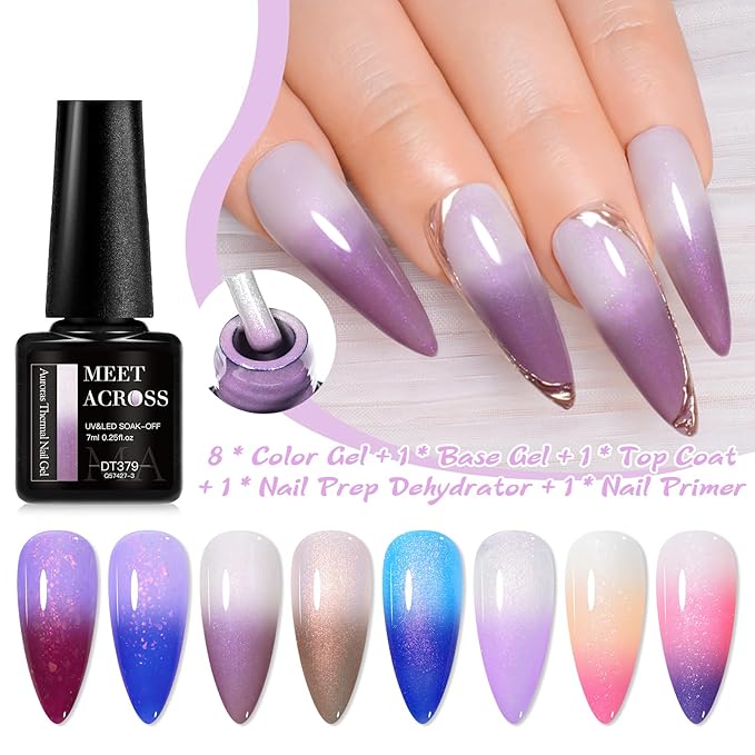 MEET ACROSS 12 Pcs Color Changing Gel Nail Polish Set, 8 Colors Red Pink Glitter Blue Purple Mood Temperature Change Nail Polish with Base Top Gel Nail Dehydrator and Primer