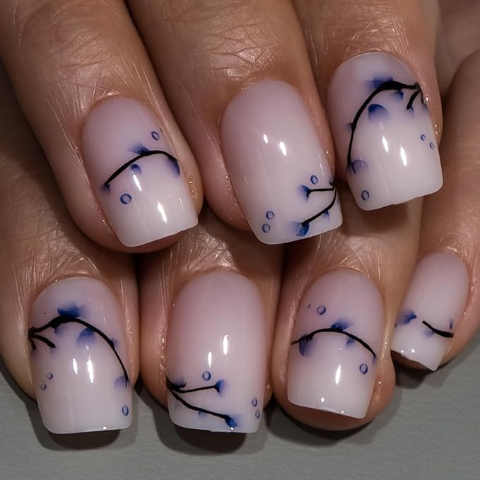 Curvlife Soft Gel Press On Nails Kit - 30pcs Full Cover False Blue and white porcelain Nail Tips Designs, Fake Nail with Nail Glue - Easy Application Nail Accessories for Women