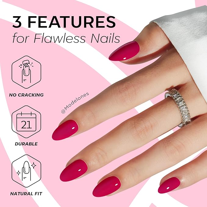 Modelones Press on Nails Almond, Raspberry Spring Short Fake Nails, Reusable Nail Kit with Nail Glue Adhesive Tabs Mini Nail File, Nails Press Ons 32Pcs 16 Sizes, Women Girl Gift ﻿