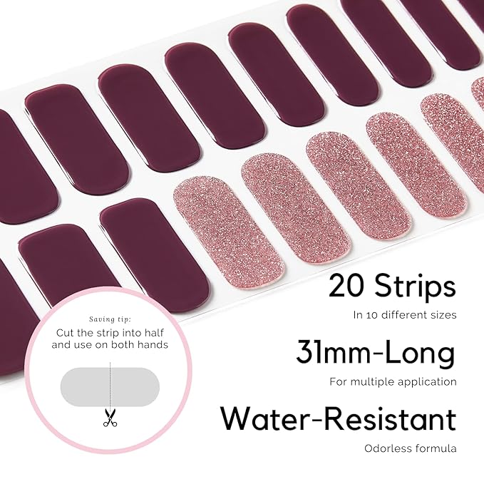NAILOG Semi Cured Gel Nail Strips, 20Pcs Dark Purple Glitter Pink Lasting Gel Nail Stickers, Salon Quality Easy Apply & Remove Works with Any UV/LED Nail Lamps, Long Night