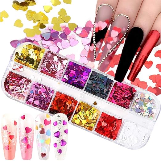 12 Colors Heart Holographic Nail Glitter Sequin Accessories Colorful 3D Nail Flakes Powder UV Gel Polish Acrylic Design for Women Girls Manicure Tips False Nails Supplies Kit Decorations