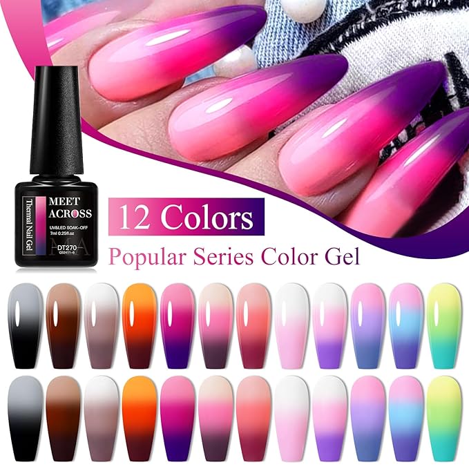 MEET ACROSS 12Pcs Color Changing Gel Nail Polish Set Nude Pink Purple Brown Temperature Mood Changed Nail Polish Gel DIY Salon Gift for Women