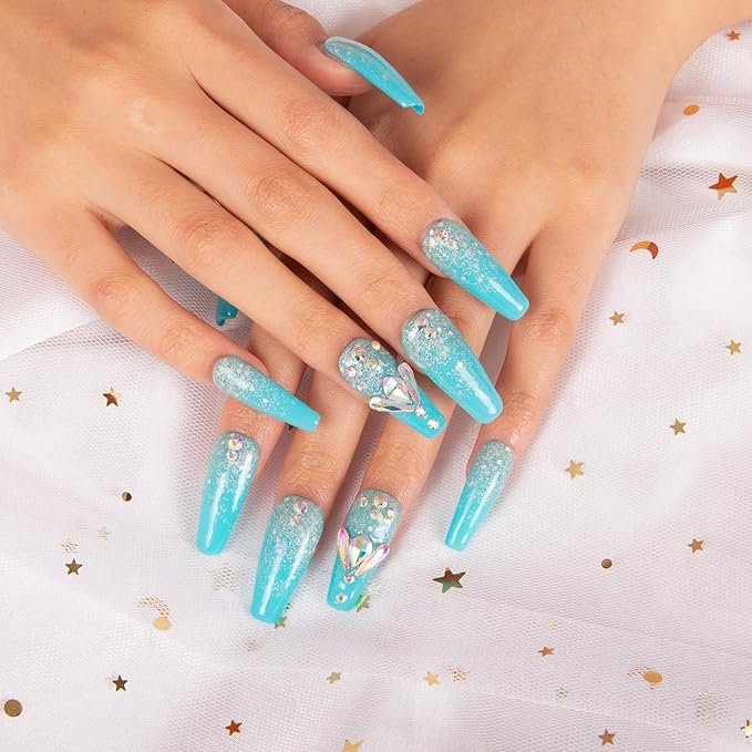 LOVFUL Press on Nails Clubbing Cinderella | Handmade with Full Covered Crystals | Reusable Fake Nails | Coffin Classic Regular 1.3 in | H25-S