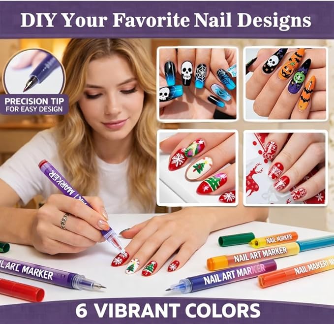 12 Colours Nail Art Markers, Nail Art Pens, Nail Polish Pens Set with Fine Tip, Water-Based Quick Dry Ink for DIY Nail Art, Manicure & Nail Design