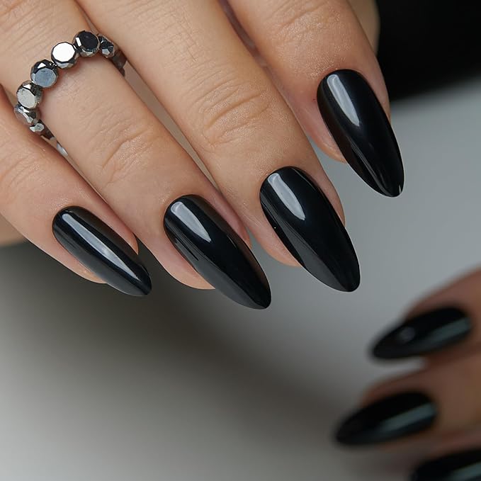 CurvLife Black Press On Nails Long Almond, Soft Gel Salon Quality False Nails with Glue, Long Lasting Daily Nail Tips for Women