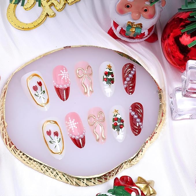 30Pcs Christmas Press on Nails Medium Almond French Tip Fake Nails Xmas Trees Flower False Nails with 3D Pearl Red Gems Gilding Bow Design Full Cover Glue on Nails Artificial Stick on Nail for Women