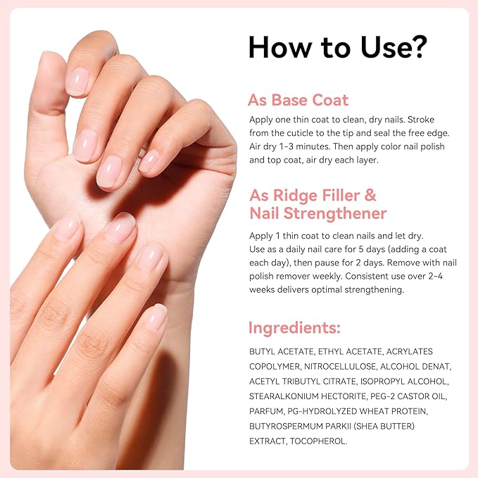 Ridge Filler Base Coat 3-in-1 Nail Strengthener Growth for Damaged Uneven Nails & Ridges, Nourish VE & Protein-Fortifying Leveling Base for Smooth, Flawless Polish | Vegan Cruelty Free