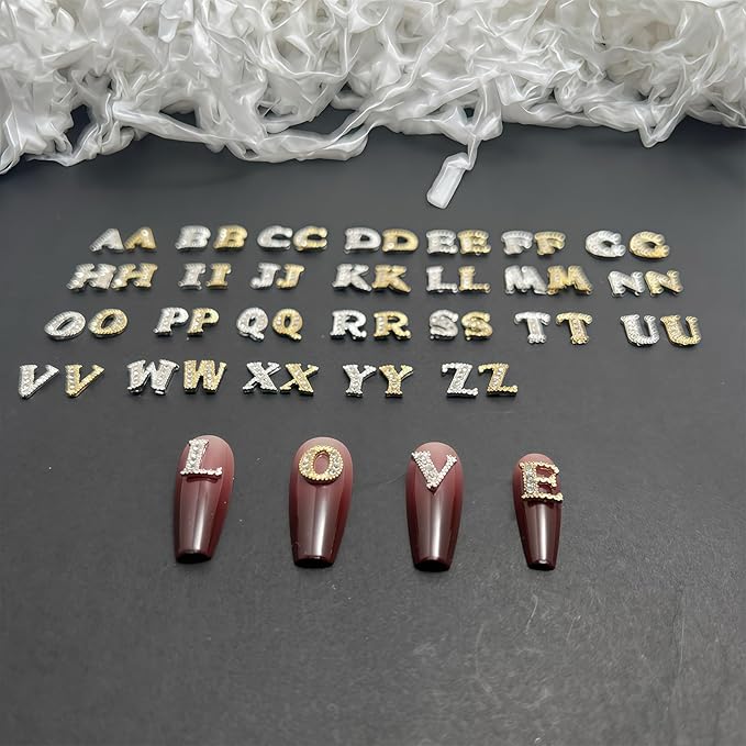 104 Pcs 3D Silver and Gold Nail Charms Letters Initial Charms for Nails Nail Letter Charms Alphabet Rhinestone Letter Nail Charms for Nail Art Design Decoration DIY Craft