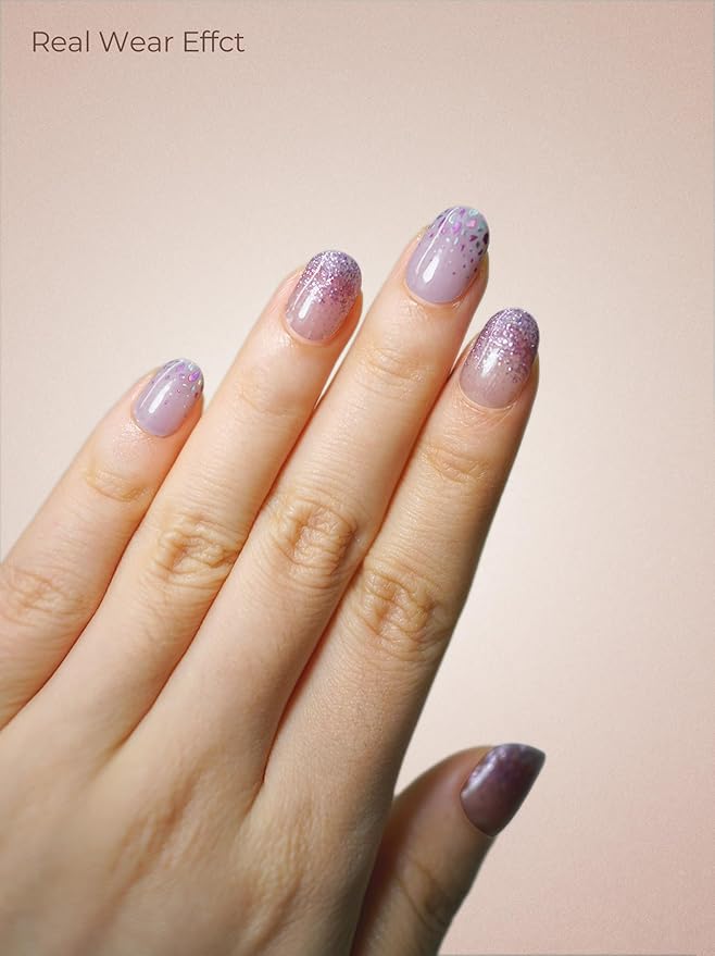 Real Gel Nail Strips (No UV Light Needed) - 44Pcs Salon Quality Nail Stickers - Long Lasting Polish Wraps for Women, Easy Apply & Remove (Galaxy Jewel Purple)