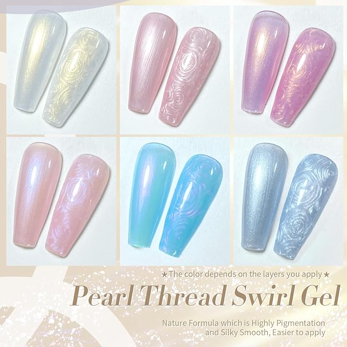 Born Pretty Pearl Gel Nail Polish Aurora Iridescent Glitter Shimmer Pearl Effect White Pink Purple Blue Mermaid Drawing Gel Nail Polish Shell Swirl Thread Effect Nail Gel Soak Off Led DIY Gift 6PCS