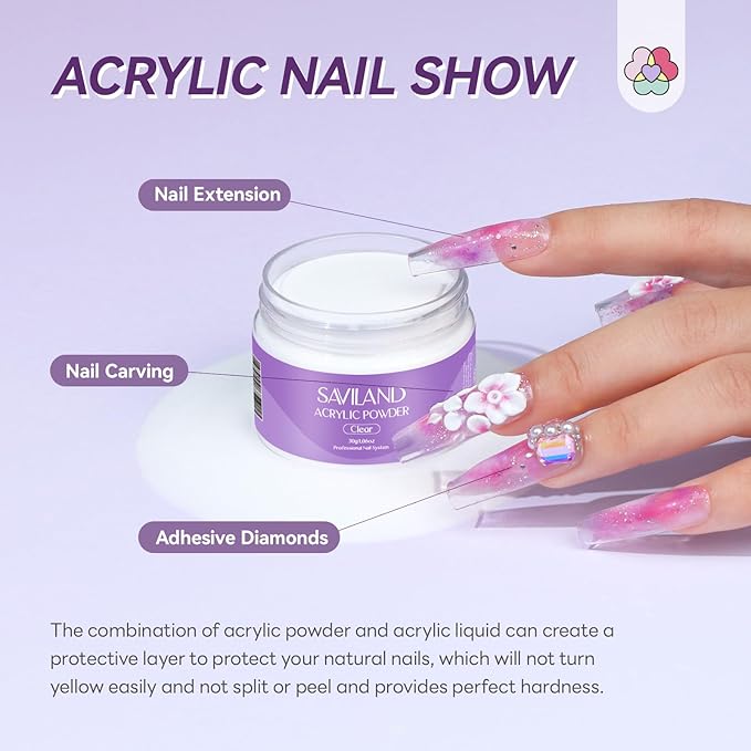 SAVILAND Acrylic Nail Kit Starter Set: 30g Clear Acrylic Powder and Liquid Set with Size 12 Nail Brush Forms Tools Extension Nail Kit for Beginners with Everything Home DIY Salon Manicure