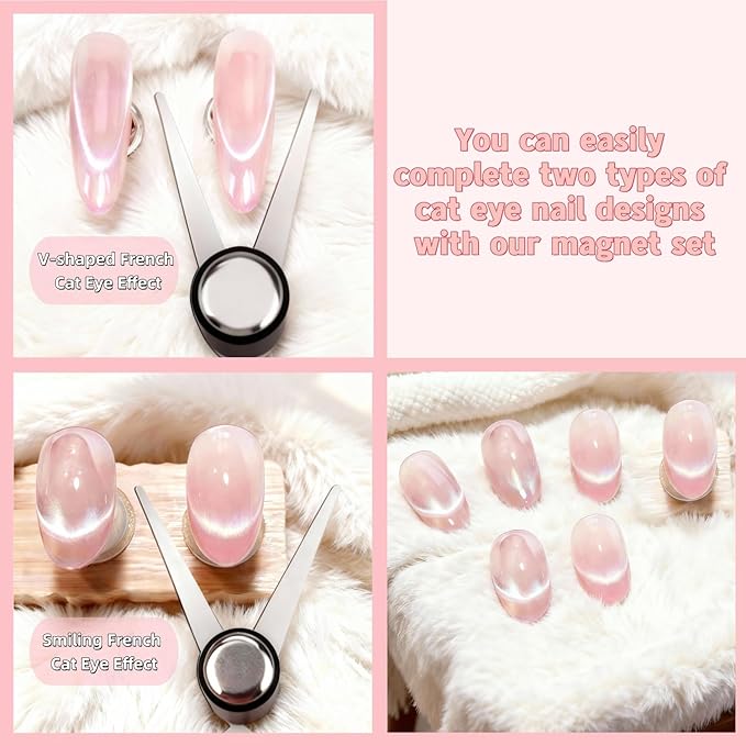 2 in 1 French Cat Eye Magnet Set, Double Head Scissor Magnet Tool for Cat Eye Gel Polish, Wand with Round Nail Magnet Beads, Manicure Art DIY for Home & Salon Use, Beginner Friendly
