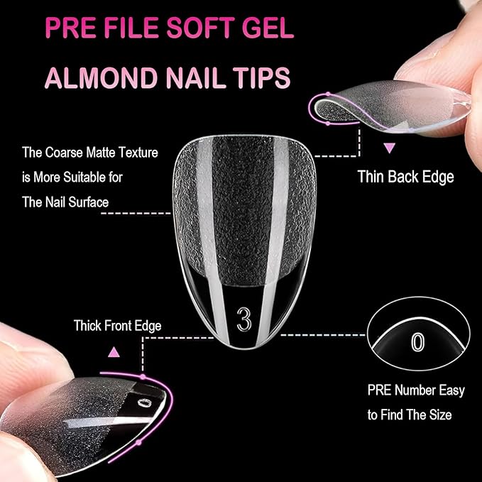 Extra Short Almond Nail Tips,Soft Press On Fake Nail Pre-shaped Half Matte Full Cover Gel Nail Tips Extensions 12 Sizes 300 PCS，Clear Almond Press on Nails for Girls for Home DIY Salon