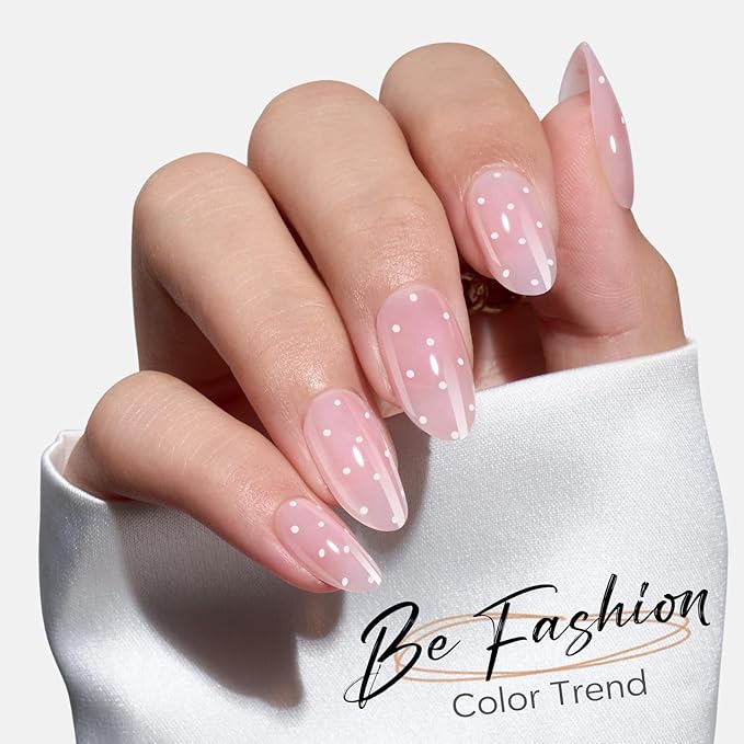 Modelones Pink Press on Nails Almond, Polka Dot Short Fake Nails, Reusable Nail Kit with Nail Glue Adhesive Tabs Mini Nail File, Nails Press Ons 32Pcs 16size, Women Girl Gift ﻿