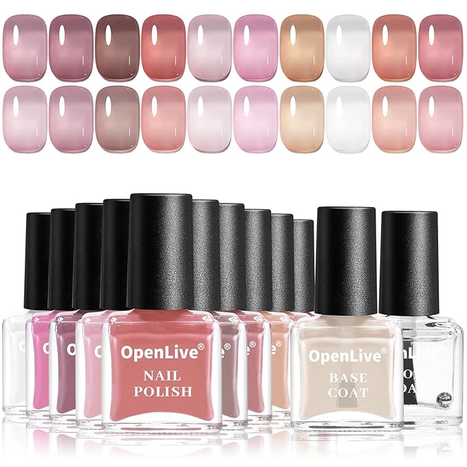 Jelly Nail Polish Set, 10 Color With 2Pcs Base and Top Coat Quick Dry High Gloss Shine Nail Polish Non Gel Translucent Milky White Nude Pink Color Holiday Gift Giving