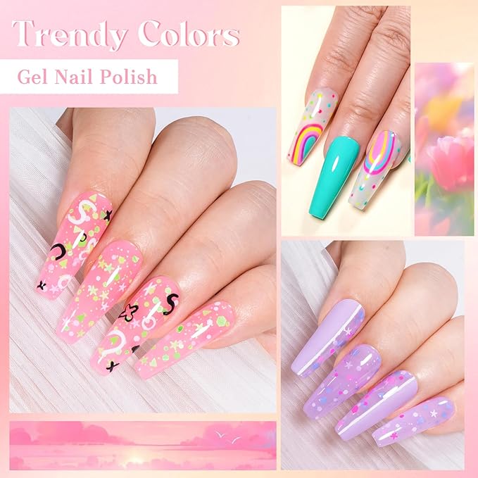 MEET ACROSS 9 Colors Gel Nail Polish + 3PCS Function Gel Nail Polish Kit,Fashion Nail Art Set Design Gifts for Women Manicure Salon (SET15, 12pcs)