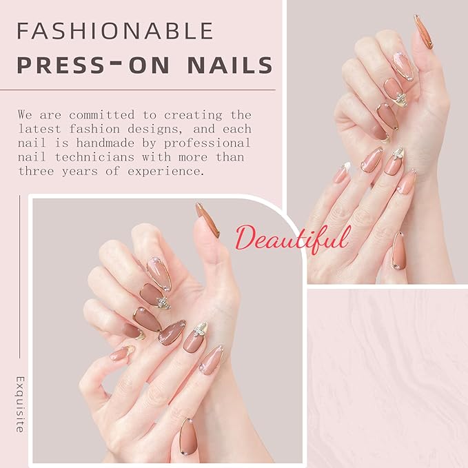 Luxury Handmade false nails，3D Gold French Cross Press-On Nails – Medium Almond Shape False Nails with Rhinestone Embellishments, Elegant Reusable Stick-On Nails(10PCS-M)