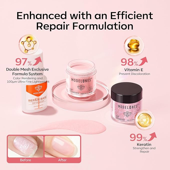 Modelones Pink Dip Powder Nail Kit, 4 Colors White Nude Glitter Dipping Starter Set with Liquid and Complete Accessories for French Nails Art Salon DIY at Home Gifts for Women
