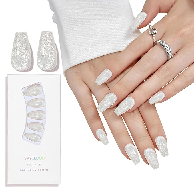 Skycloud White Eyes Press On Nails, 12 Sizes - 24 Pcs Soft Gel Medium Coffin False Nails Kit with Glue, Natural Reusable Stick On Nails for Women & Girls (SK0720)