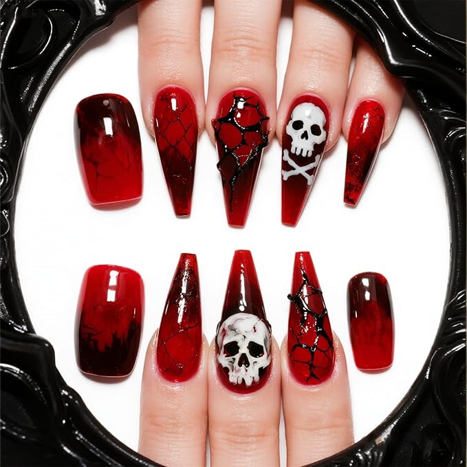 Blood Press on Nails,Halloween Fake Nails | Witch Nails with Scary Skull Designs,Long Stiletto & Square Acrylic Nails,Stick on Nail for Women Girls | Halloween Nail Art Decor 24Pcs